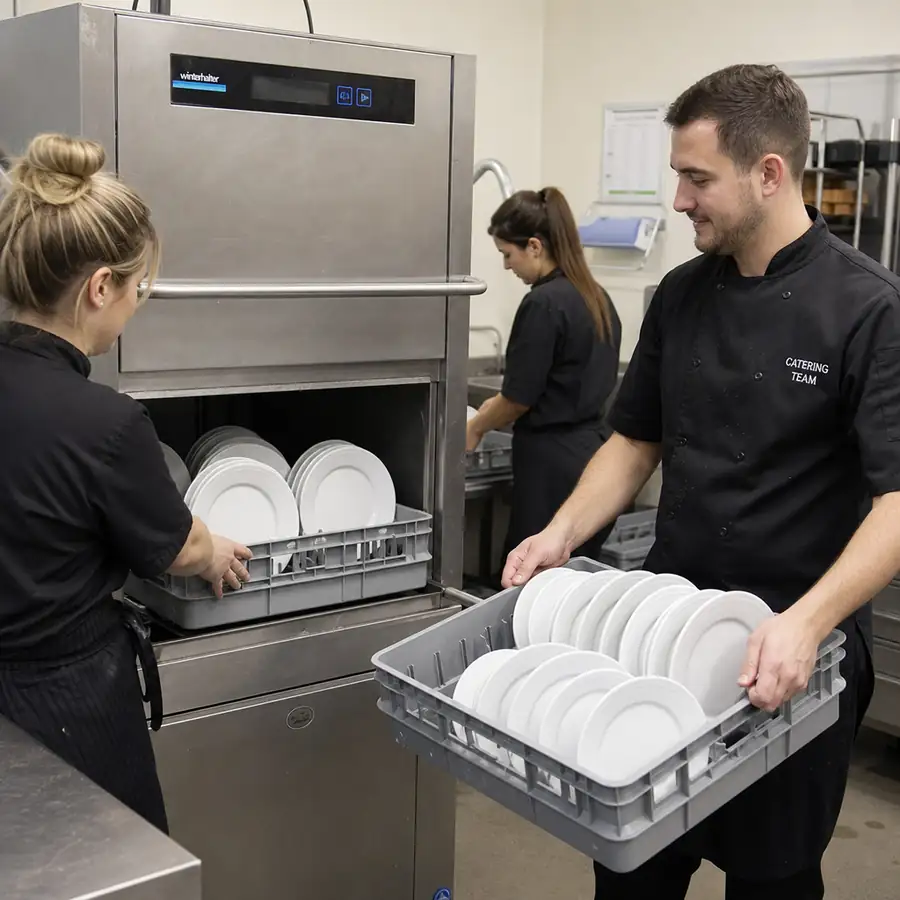 High-volume institutional dishwashing operation with conveyor or flight-type dish machines