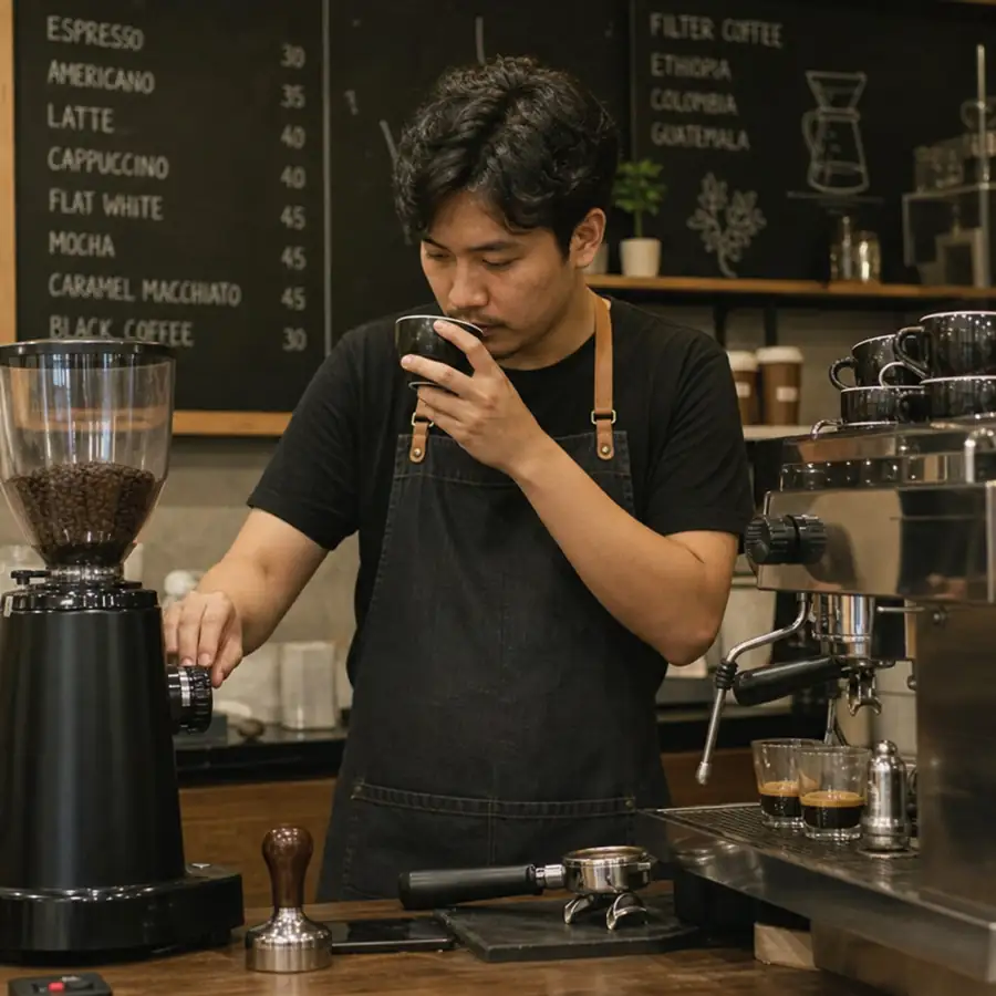 Professional espresso extraction and milk steaming station with a compact commercial espresso machine