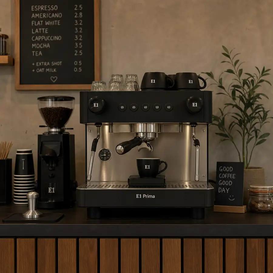 E1 Prima compact single-group commercial espresso machine on a cafe counter for professional coffee service