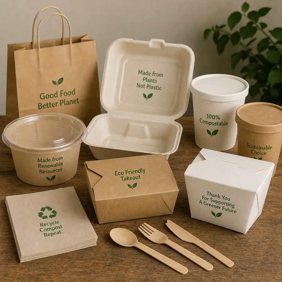 Assortment of eco-friendly disposable food containers including bagasse clamshells, kraft bowls, and compostable packaging