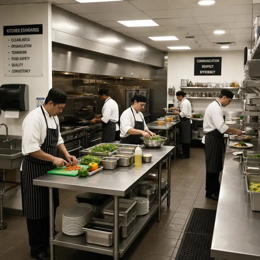 Commercial kitchen layout planning with stainless steel cooking and prep equipment