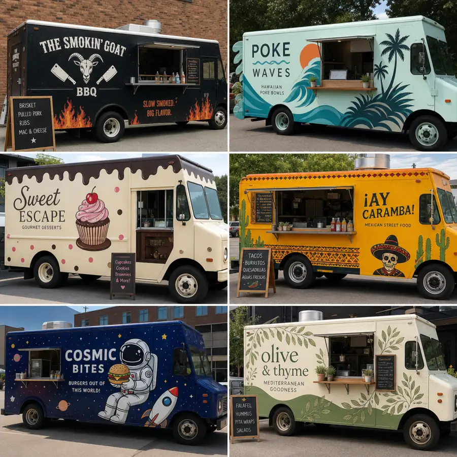 Collage of six branded food trucks for BBQ, Hawaiian poke, gourmet desserts, Mexican street food, space-themed burgers, and Mediterranean fare