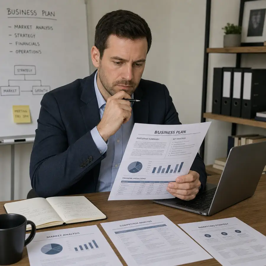 Entrepreneur in a navy blazer reviewing a printed Business Plan beside Market Analysis and Marketing Strategy reports, a laptop, and a strategy whiteboard