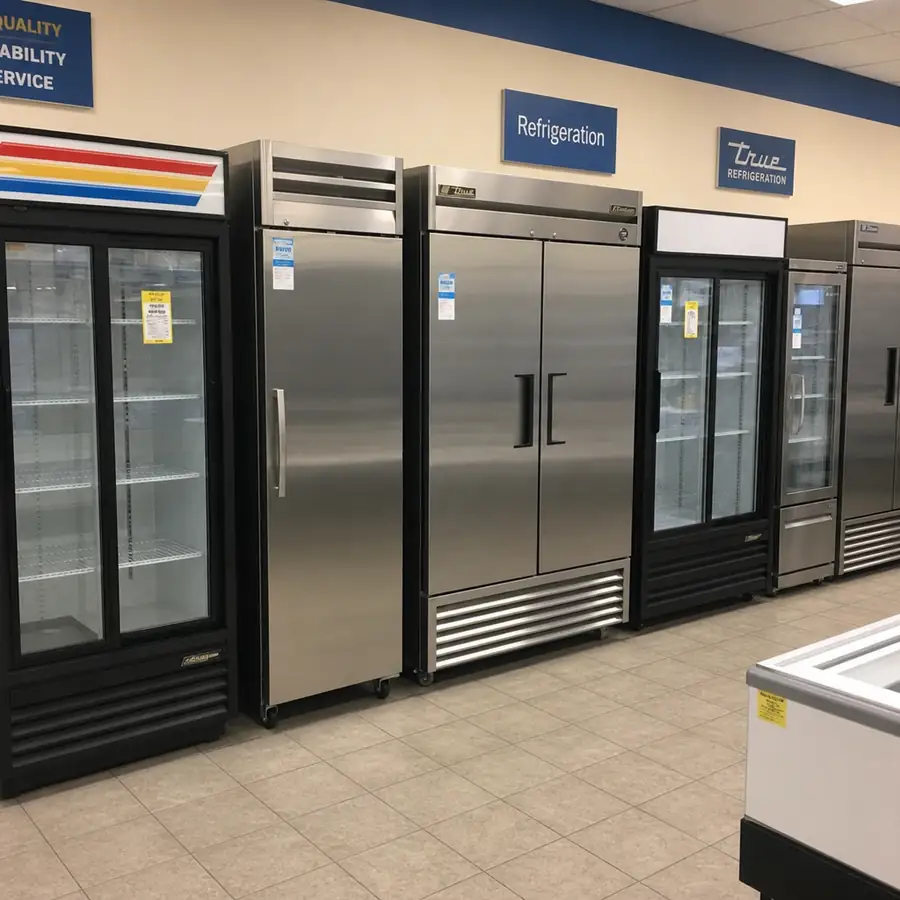 Merchandiser display refrigerator with glass doors showcasing products