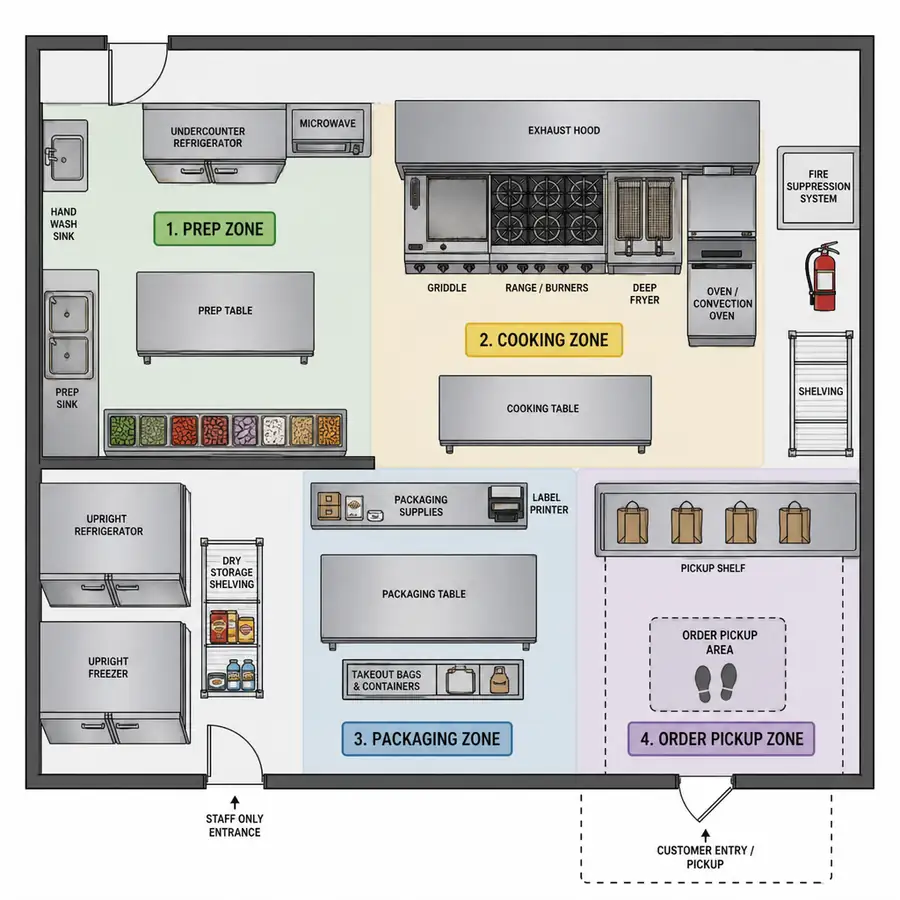 Ghost kitchen floor plan with labeled prep, cooking, packaging, and order pickup zones, including griddle, range, fryer, refrigeration, and packaging table