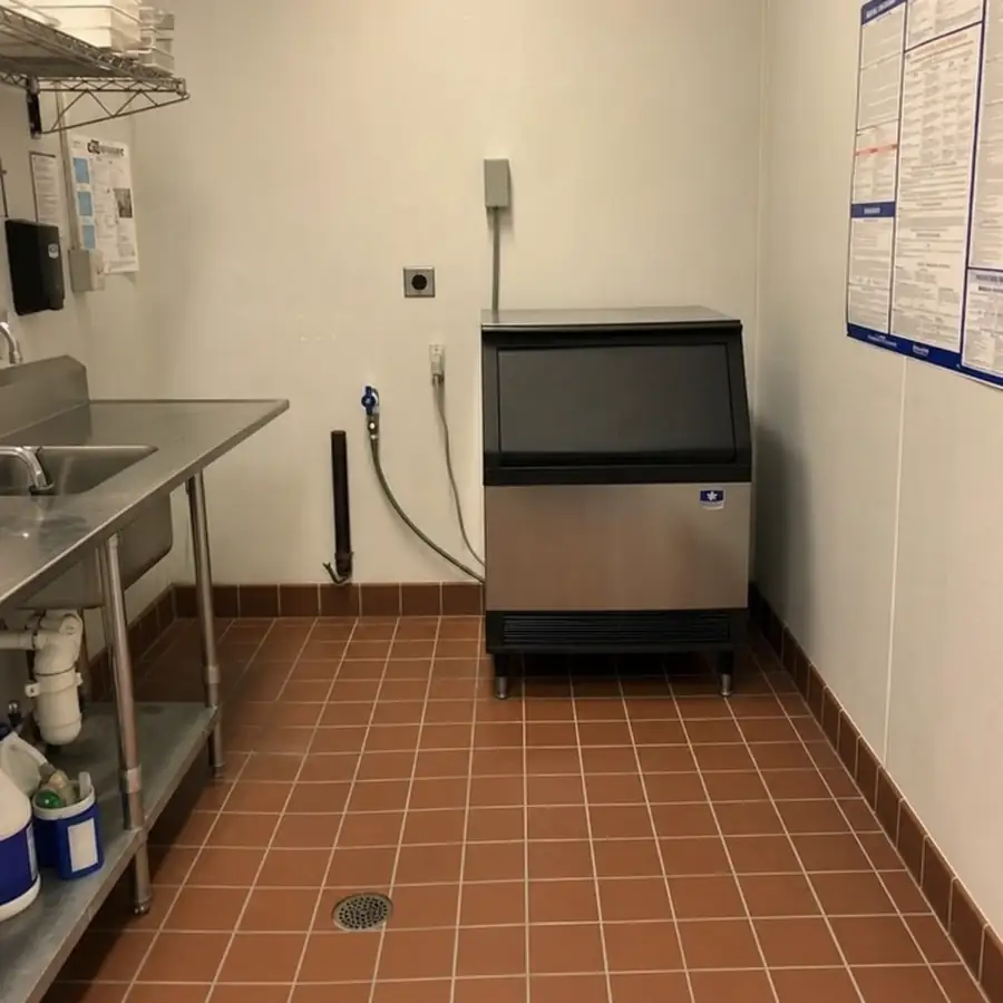 Undercounter ice machine with a black top and a steel lower panel, beside a prep sink and a floor drain