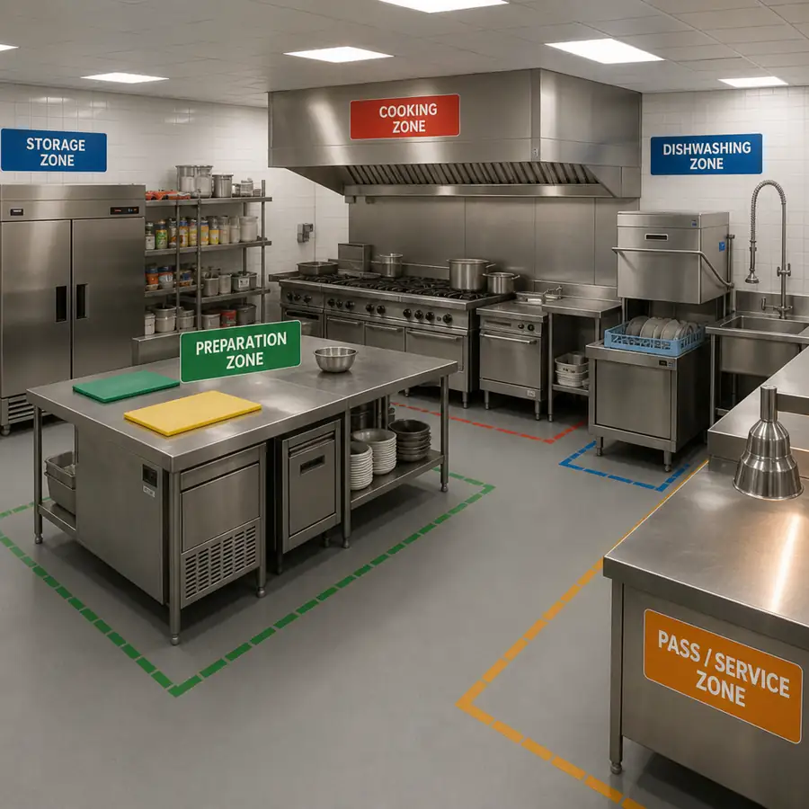 Hotel kitchen zoned layout with labeled storage, preparation, cooking, dishwashing, and pass/service zones, stainless range, hood, dishwasher, and prep table