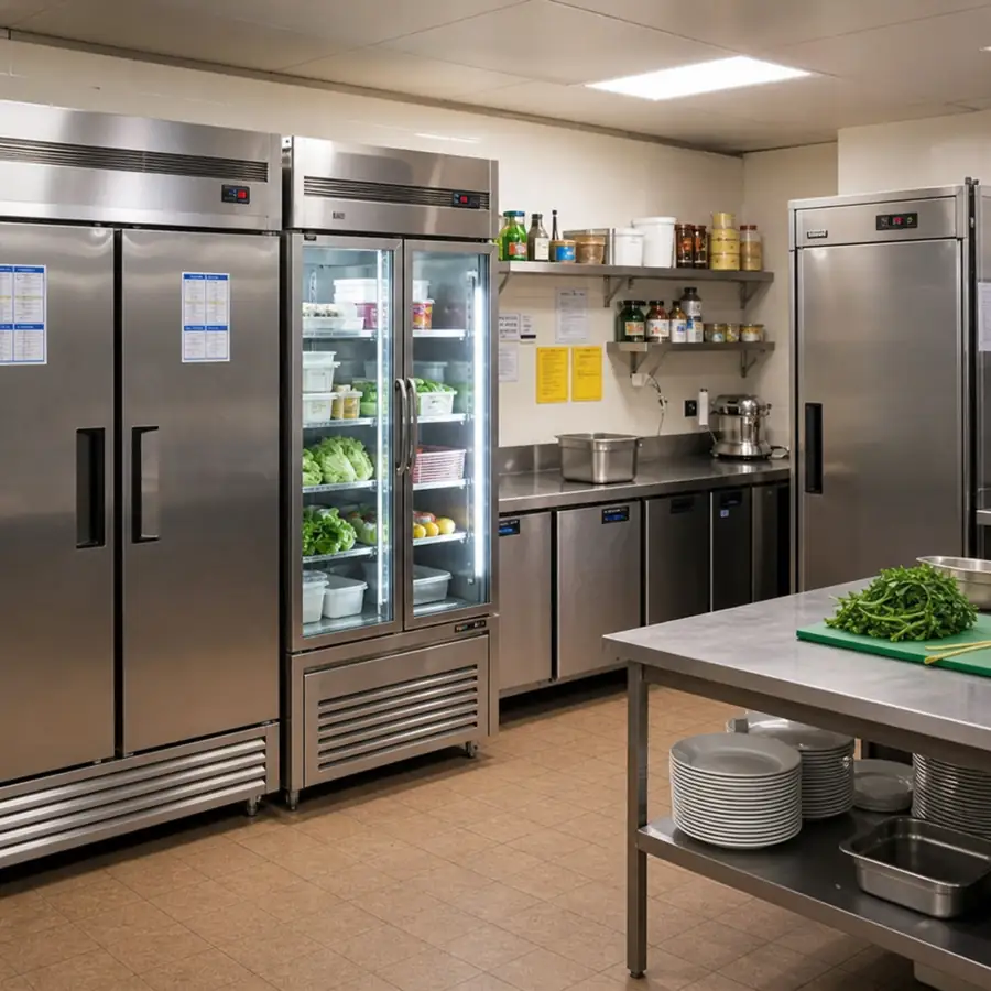 Hotel kitchen refrigeration layout with stainless steel reach-in refrigerators, walk-in cooler, prep refrigeration, and undercounter units in a professional hospitality kitchen
