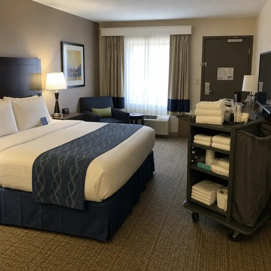 Hotel room with made bed, blue runner, and a housekeeping cart stocked with white towels and toiletries