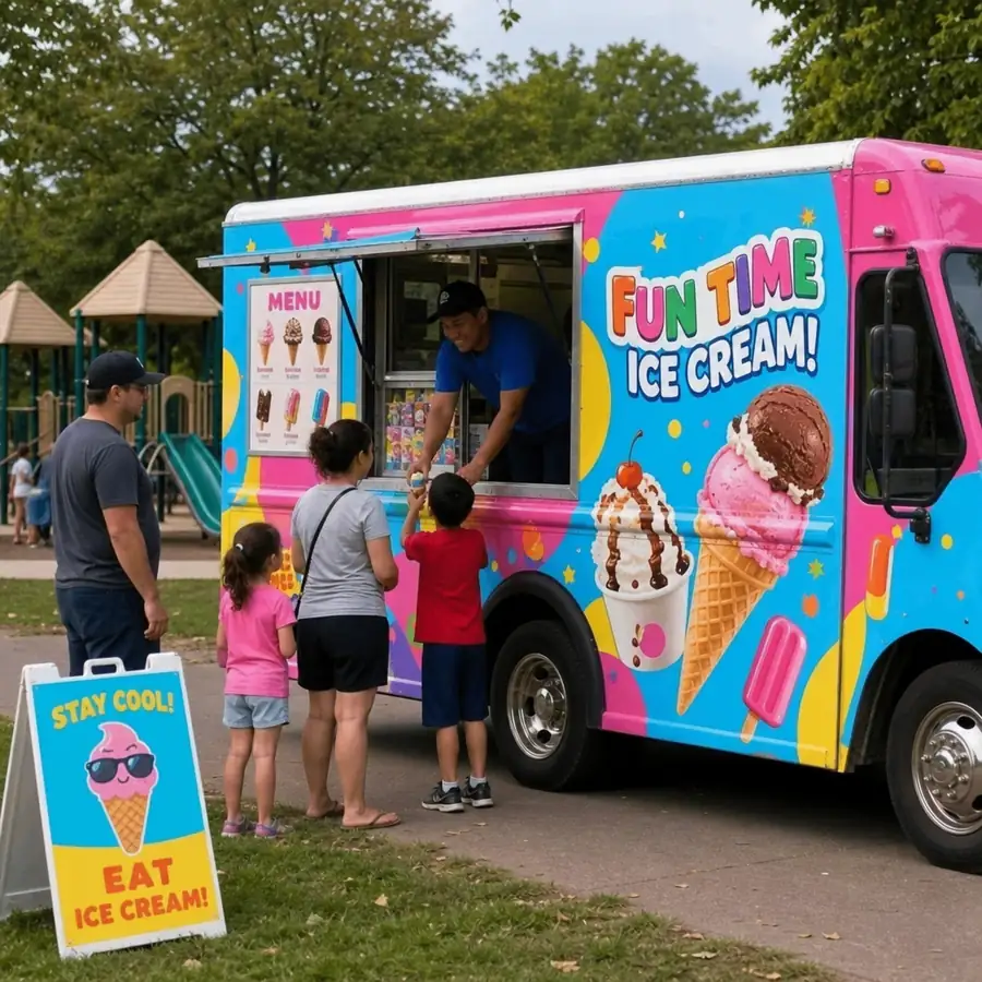 Colorful Fun Time Ice Cream food truck with pink and blue wrap serving a family at a sunny park playground