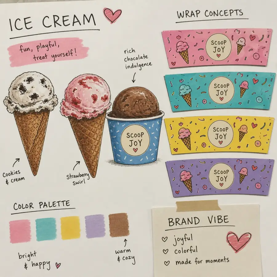 Hand-drawn Scoop Joy ice cream brand board with cone illustrations, bright color palette, wrap concepts, and brand vibe notes