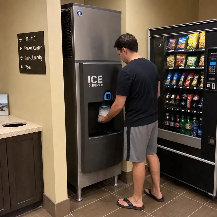 Commercial Ice-O-Matic ice dispenser with storage bin supporting high-volume cube ice service