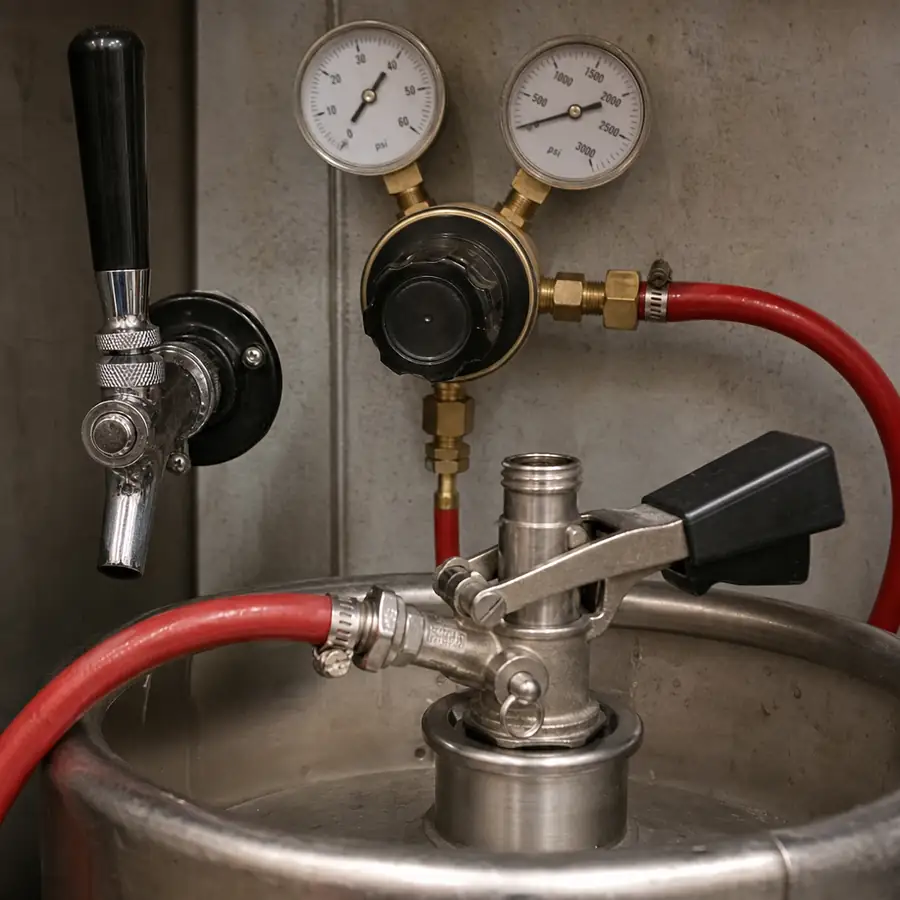 Keg coupler and pressure gauges on a steel keg, with a beer tap and red gas lines