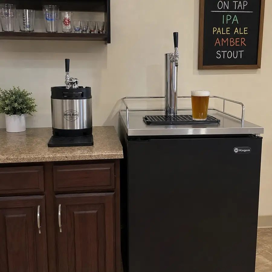 Mini keg on a kitchen counter beside a black kegerator with a tap tower, a pint of beer, and a chalkboard beer list