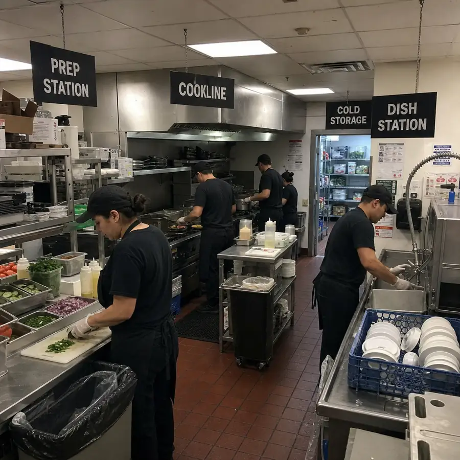 Commercial kitchen overview with stainless steel prep stations and cooking equipment