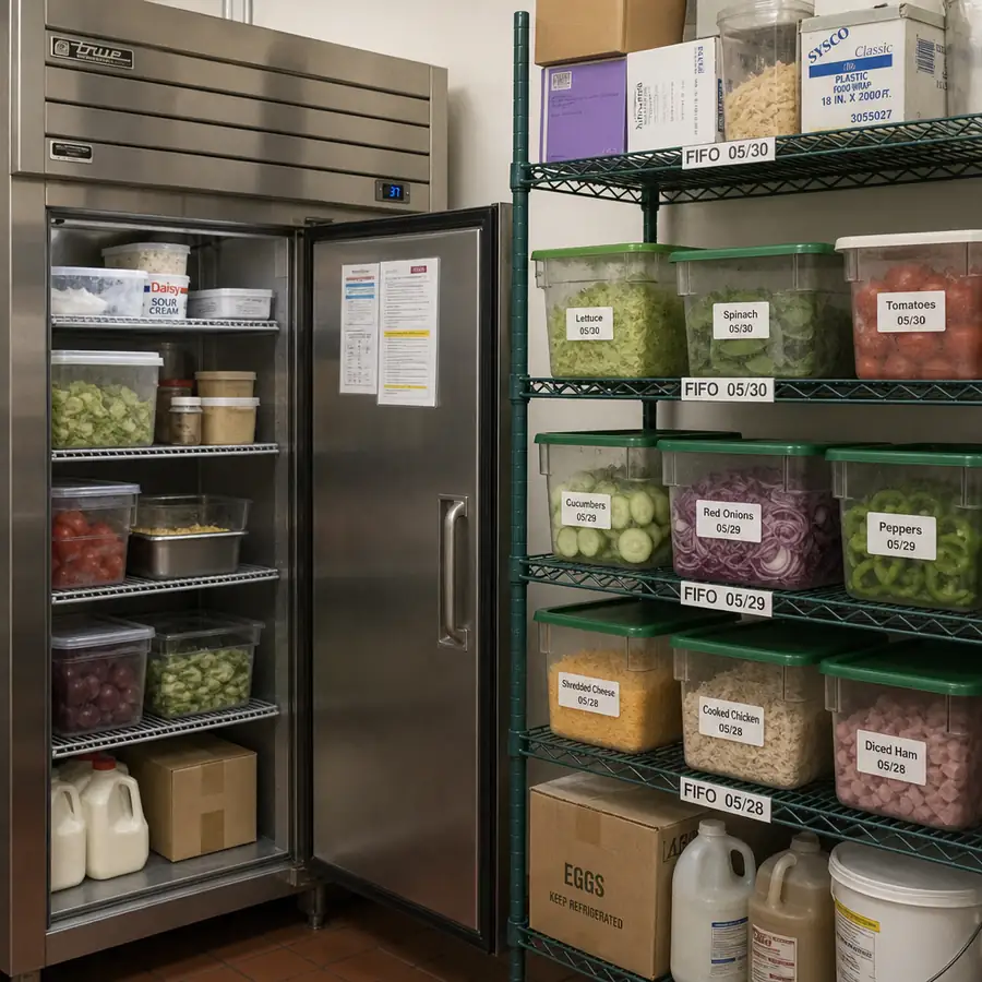 Restaurant prep equipment and food prep tools on a stainless steel work table