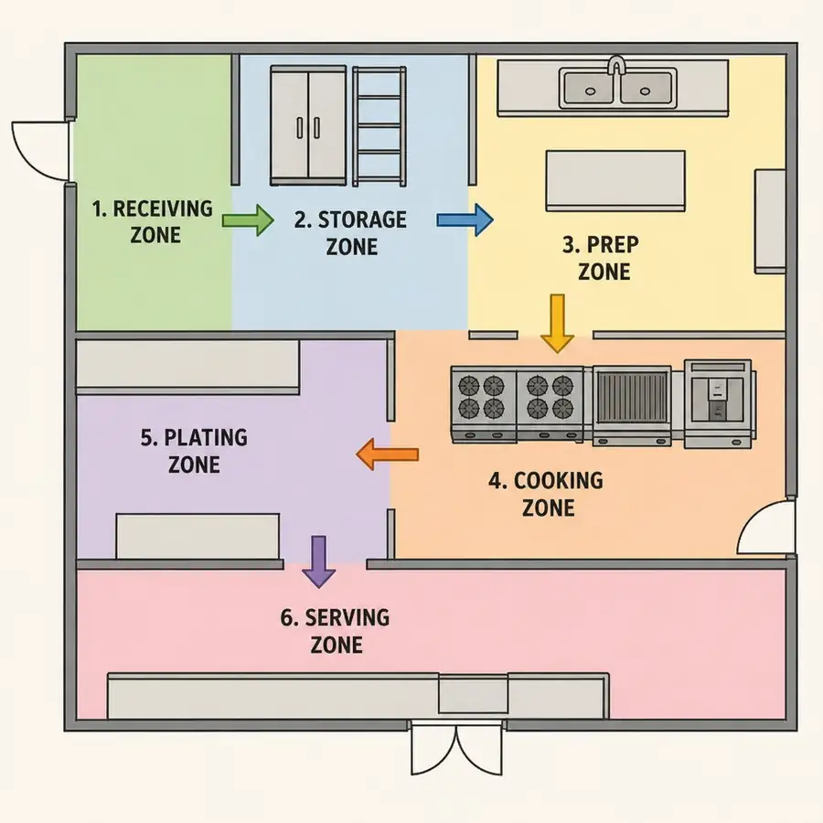 Commercial kitchen layout zones with cookline, prep, and storage equipment