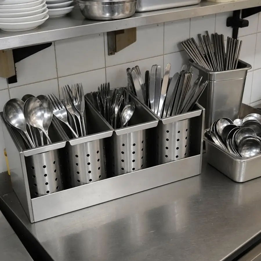 Organized stainless steel commercial kitchen utensils including spoons, forks, and knives in a restaurant cutlery holder
