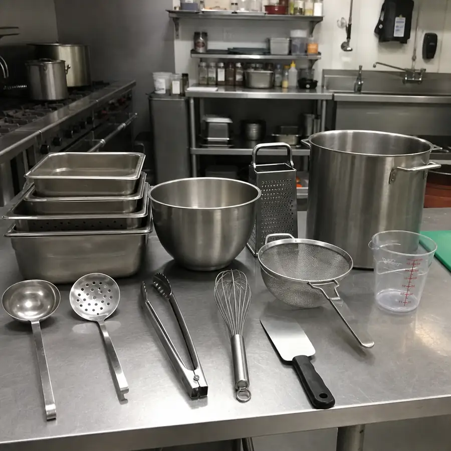 Commercial kitchen utensils including ladle, skimmer, tongs, whisk, spatula, strainer, and measuring cup on a stainless steel prep table