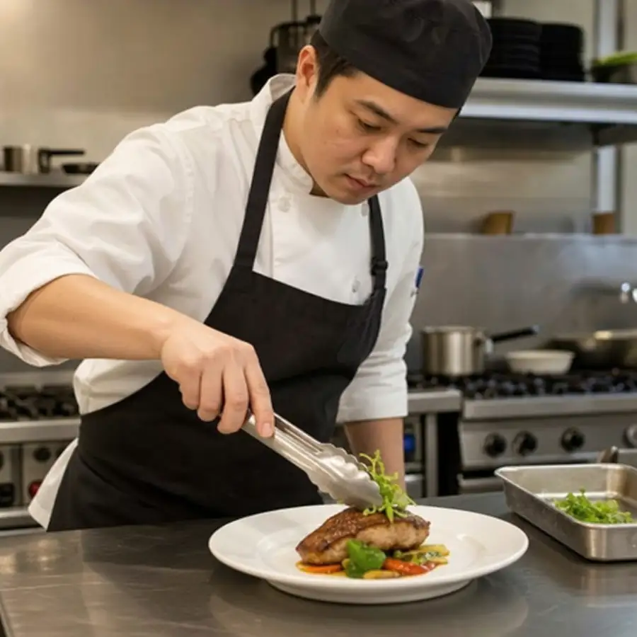 Chef in a white coat using stainless steel tongs to garnish a plated dish in a commercial restaurant kitchen