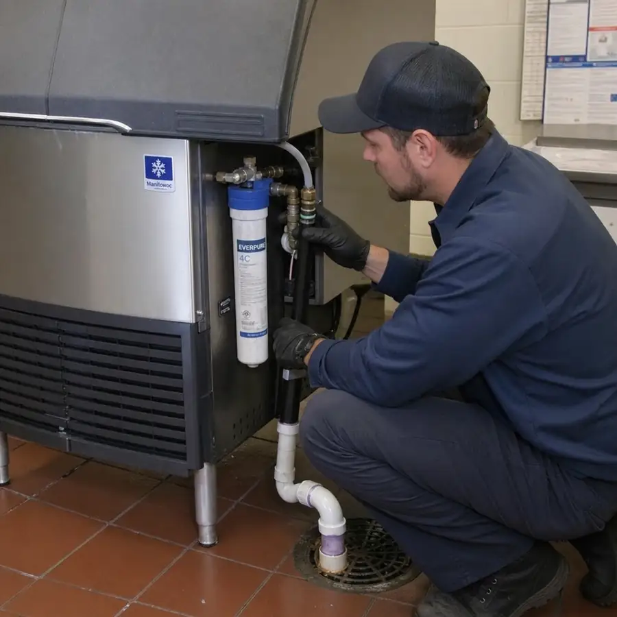 Technician changing a water filter on an ice machine above a floor drain