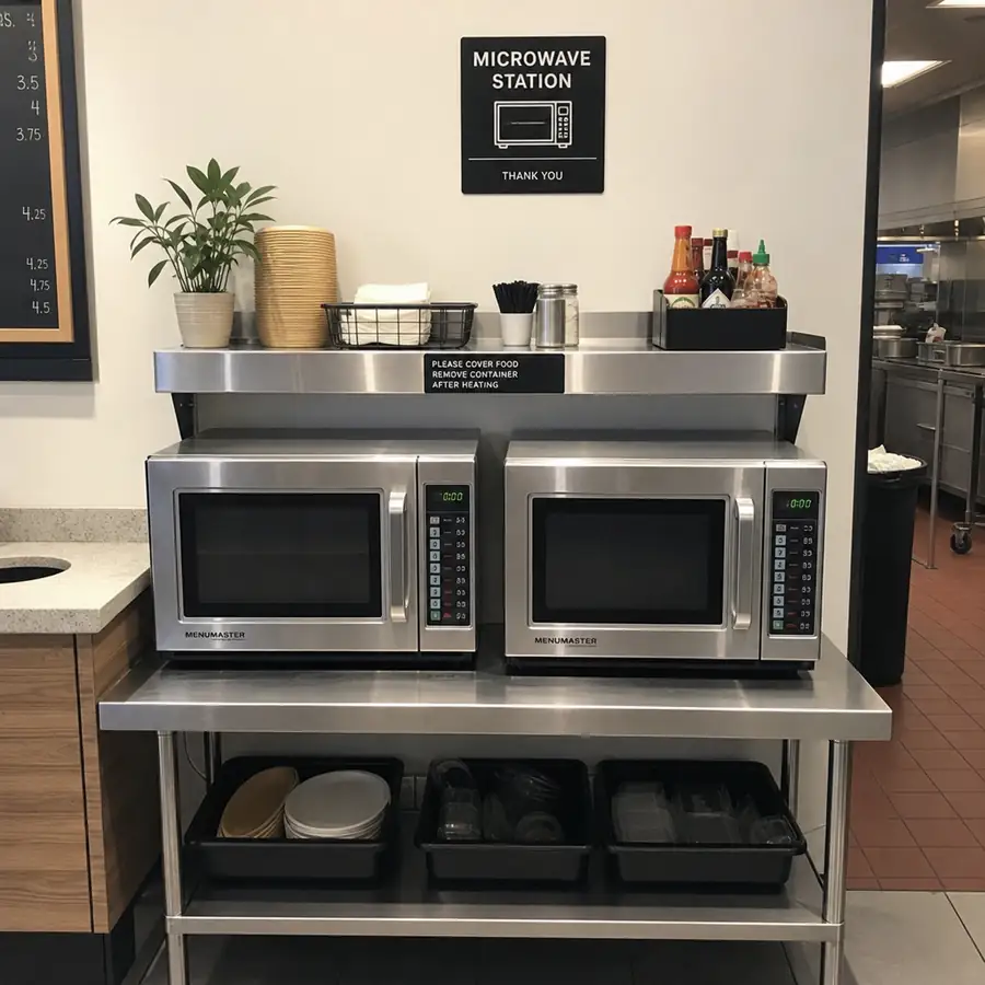 Commercial kitchen microwave station with a Midea microwave supporting efficient reheating and plated meal service