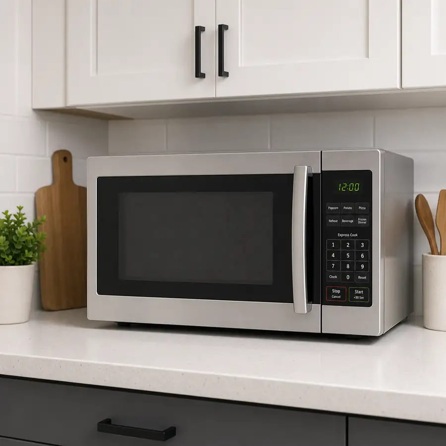 Stainless steel Midea commercial microwave oven on a kitchen counter for faster reheating and foodservice cooking
