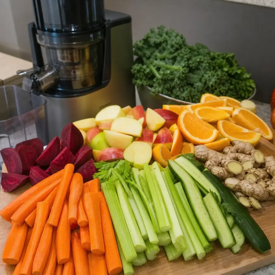 Vertical Omega cold press juicer beside a wooden board of sliced carrots, celery, cucumber, beets, apples, and ginger