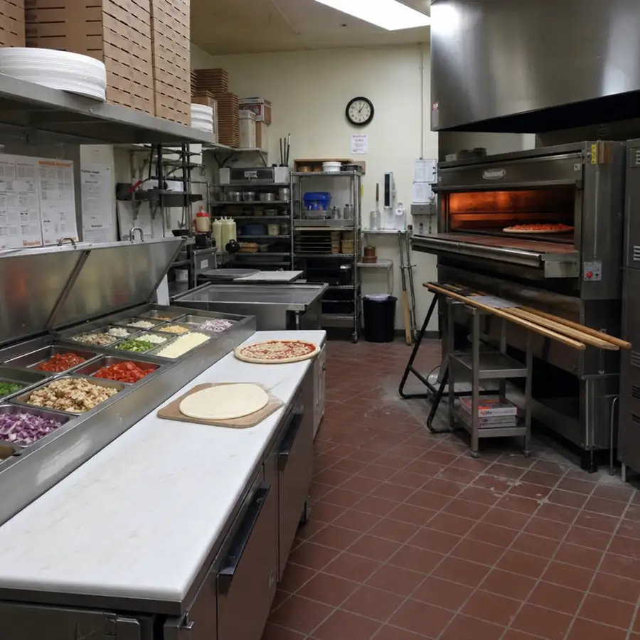 Commercial pizza restaurant kitchen equipment including oven and prep station for pizzerias