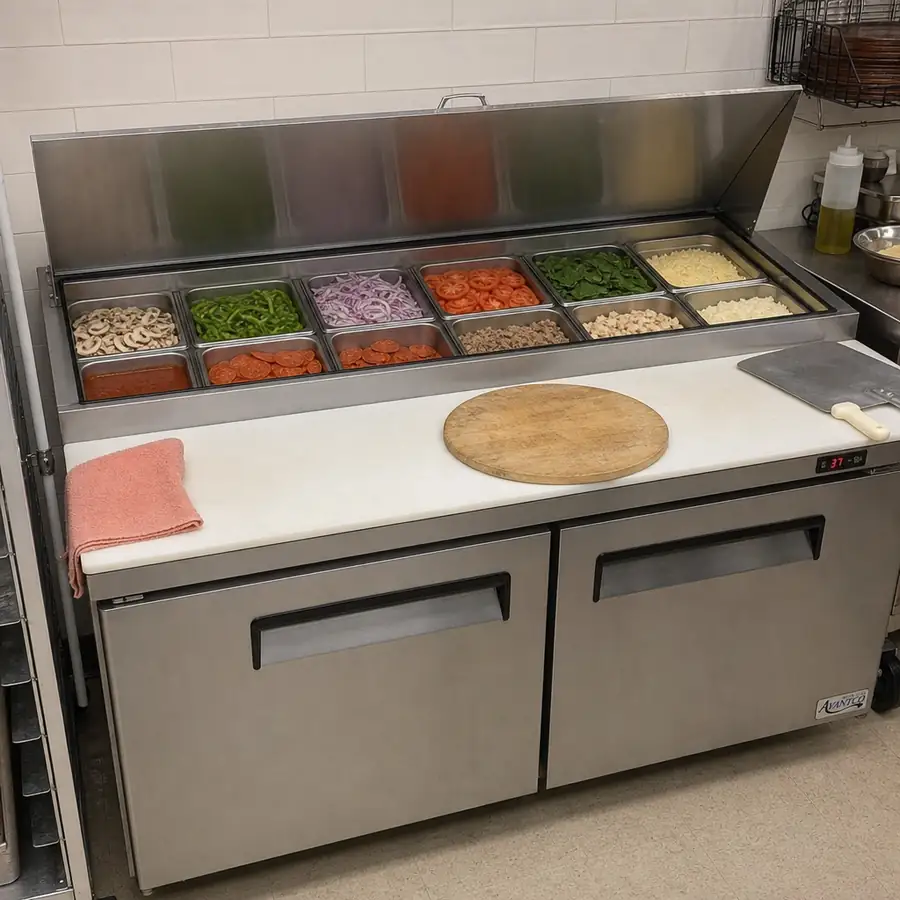 Stainless steel commercial pizza prep table with refrigerated topping rail, ingredient pans, and pizzas on the cutting board in a professional kitchen