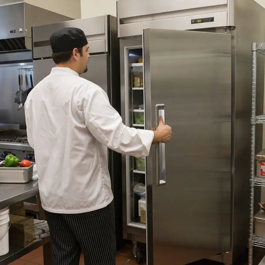 Chef in a white coat and black cap opening a stainless reach-in refrigerator stocked with produce, beside a prep table with peppers