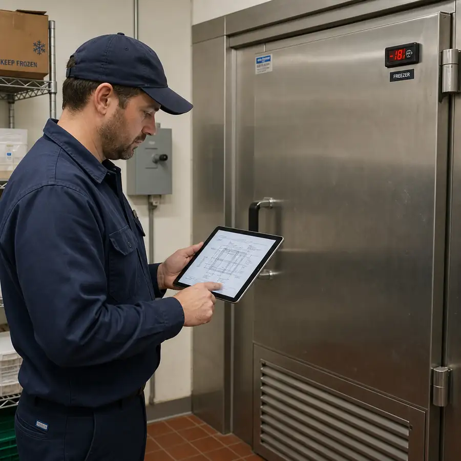 Technician installing or servicing commercial refrigeration systems in a professional kitchen