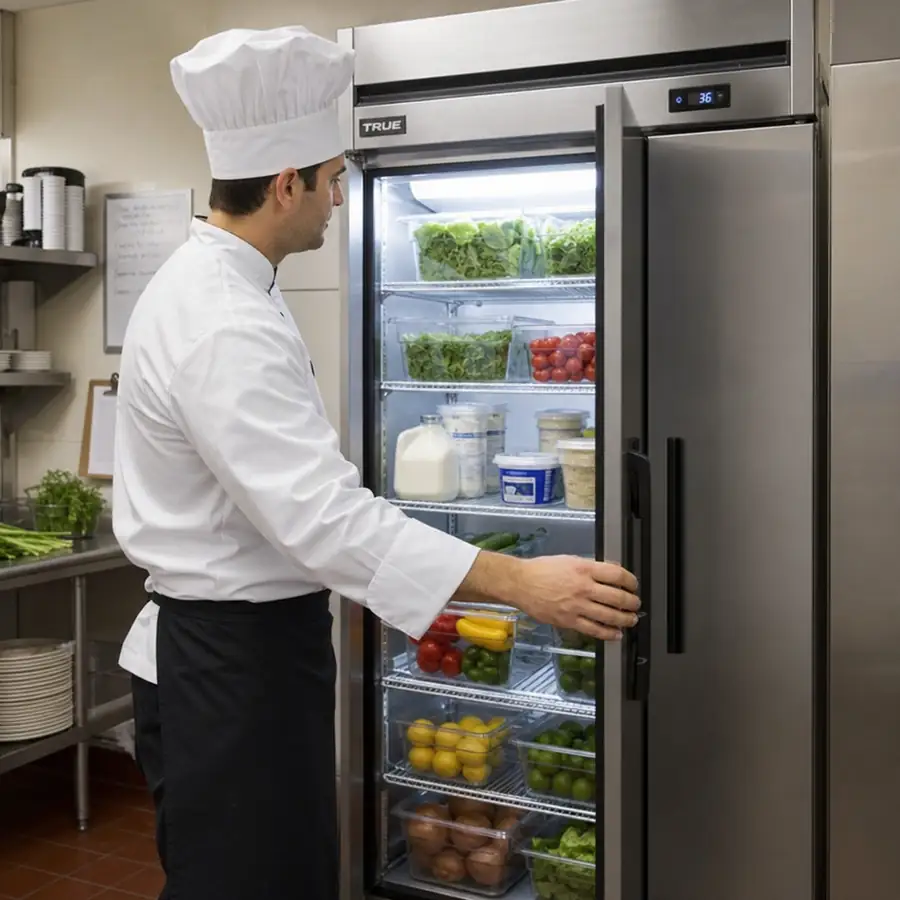 Commercial kitchen refrigeration equipment including reach-in and walk-in cooling units for foodservice