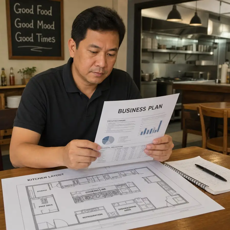 Man reviewing a BUSINESS PLAN document and a kitchen layout blueprint at a restaurant table