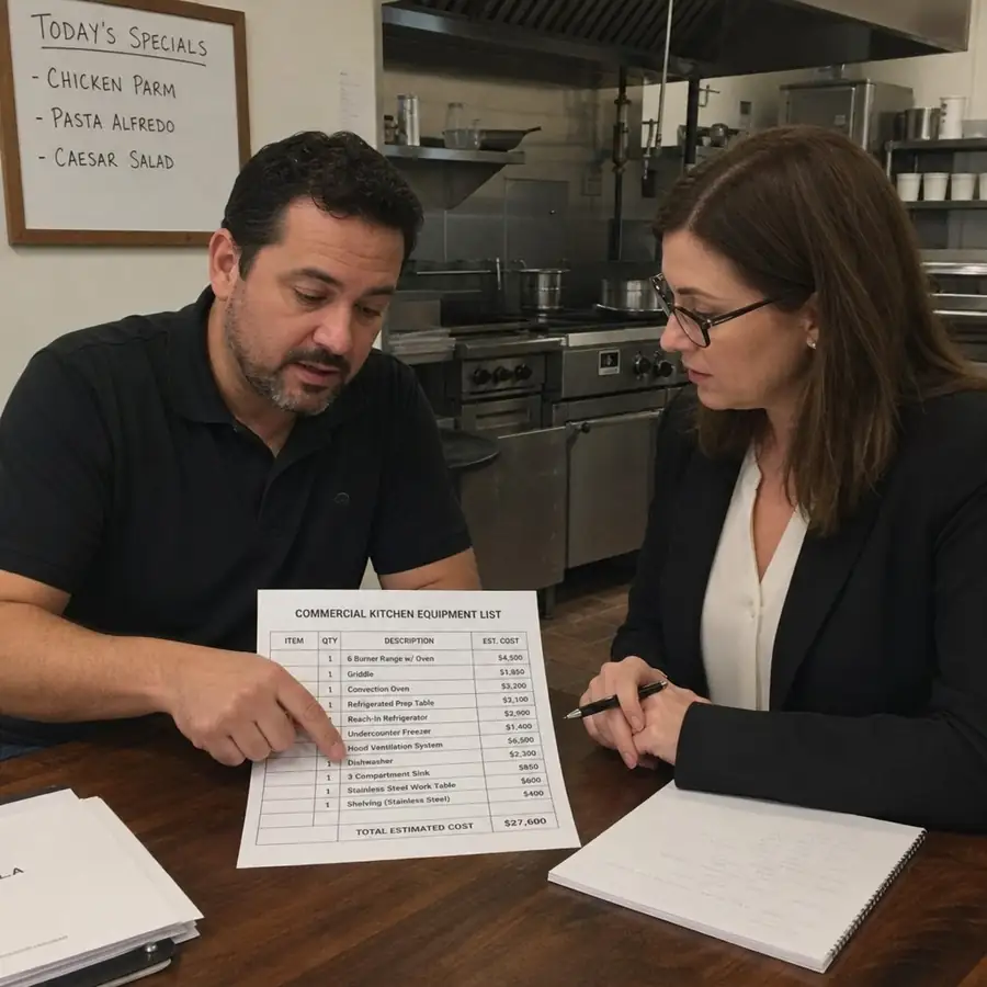 Restaurant owner and advisor reviewing a commercial kitchen equipment list with cost estimates, with a range and hood in the background