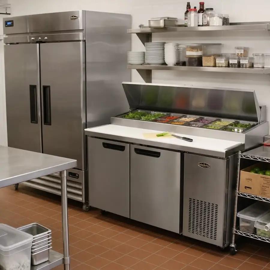 Restaurant equipment layout showing cooking, prep, and storage stations in a professional kitchen
