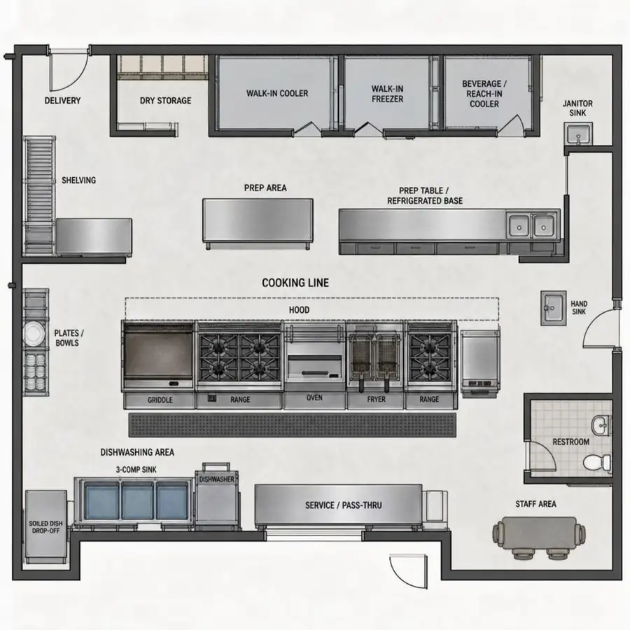 Restaurant kitchen floor plan with walk-in cooler, walk-in freezer, prep tables, cooking line under a hood, griddle, range, oven, fryer, and a three-compartment sink