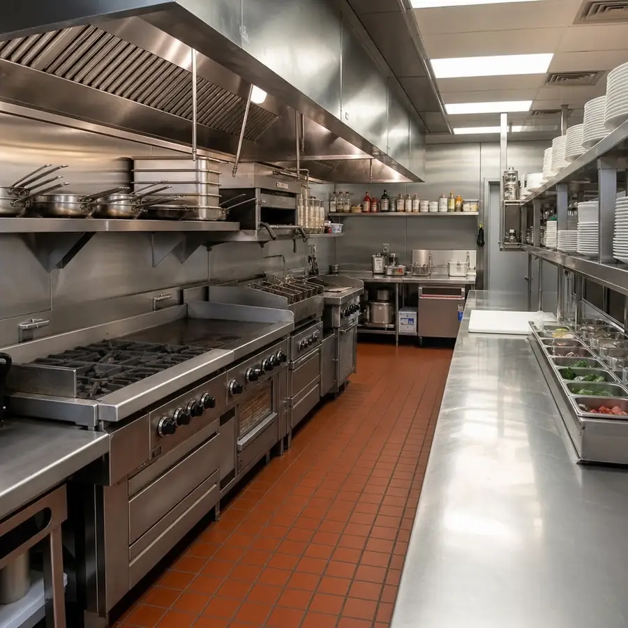 Professional commercial restaurant kitchen with stainless steel gas ranges, hood ventilation system, prep counters, food pans, and stacked plates