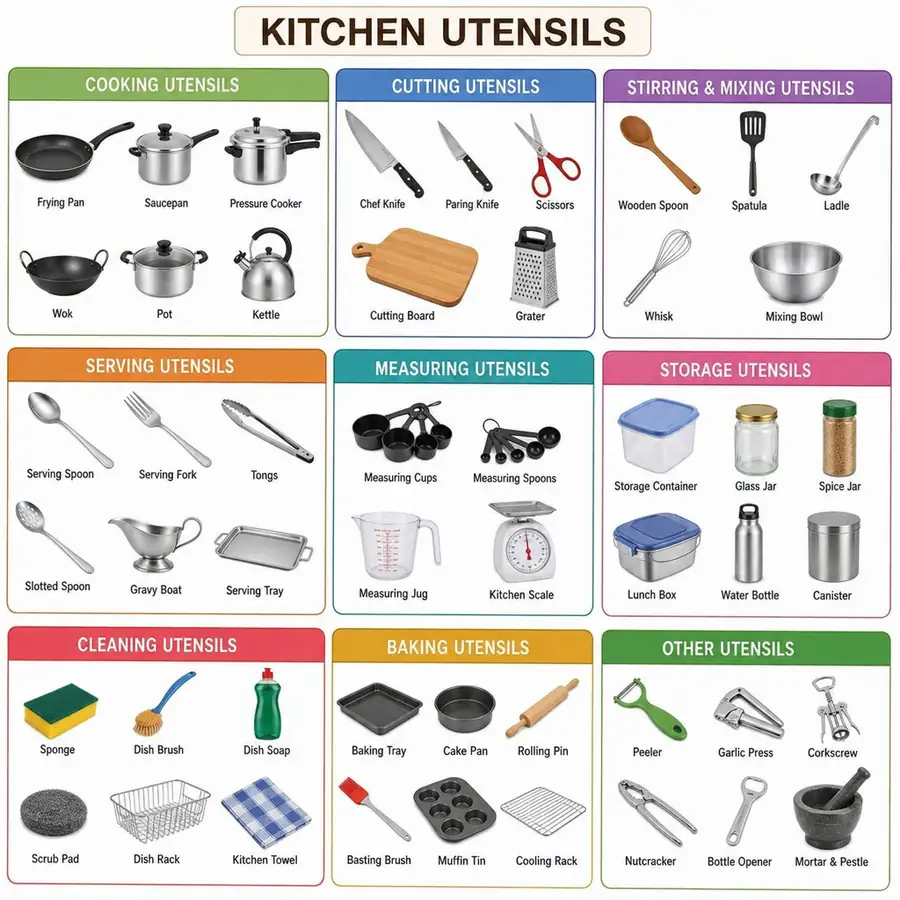 Key categories of restaurant kitchen utensils including cutting, cooking, and storage tools