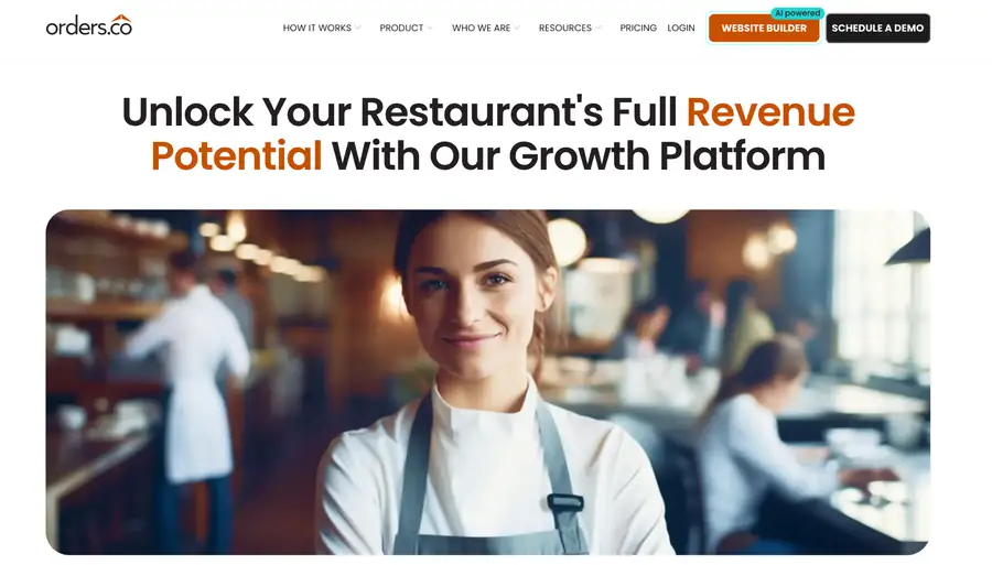 Orders.co restaurant POS homepage with a smiling restaurant team member and Unlock Your Restaurant's Full Revenue Potential headline