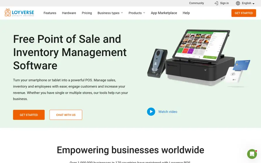 Loyverse POS homepage showing free point of sale software beside a tablet POS terminal, printer, and card reader