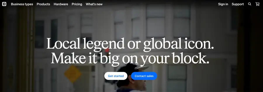 Square homepage with Local legend or global icon headline over a city street scene
