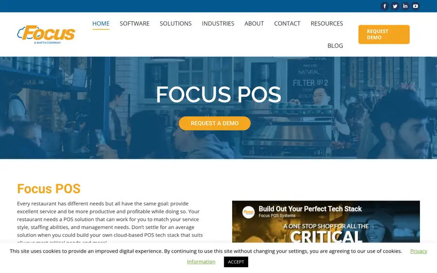 Focus POS homepage with a cafe background, FOCUS POS headline, and Request a Demo button
