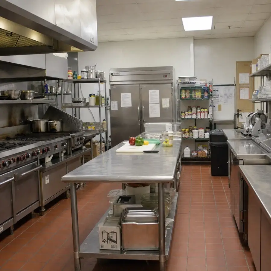 Working commercial kitchen with a stainless prep table, cutting board and peppers, gas range under an exhaust hood, reach-in refrigerator, and wire shelving