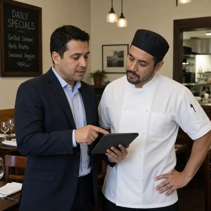 Restaurant manager and chef reviewing business data on a tablet in a dining room