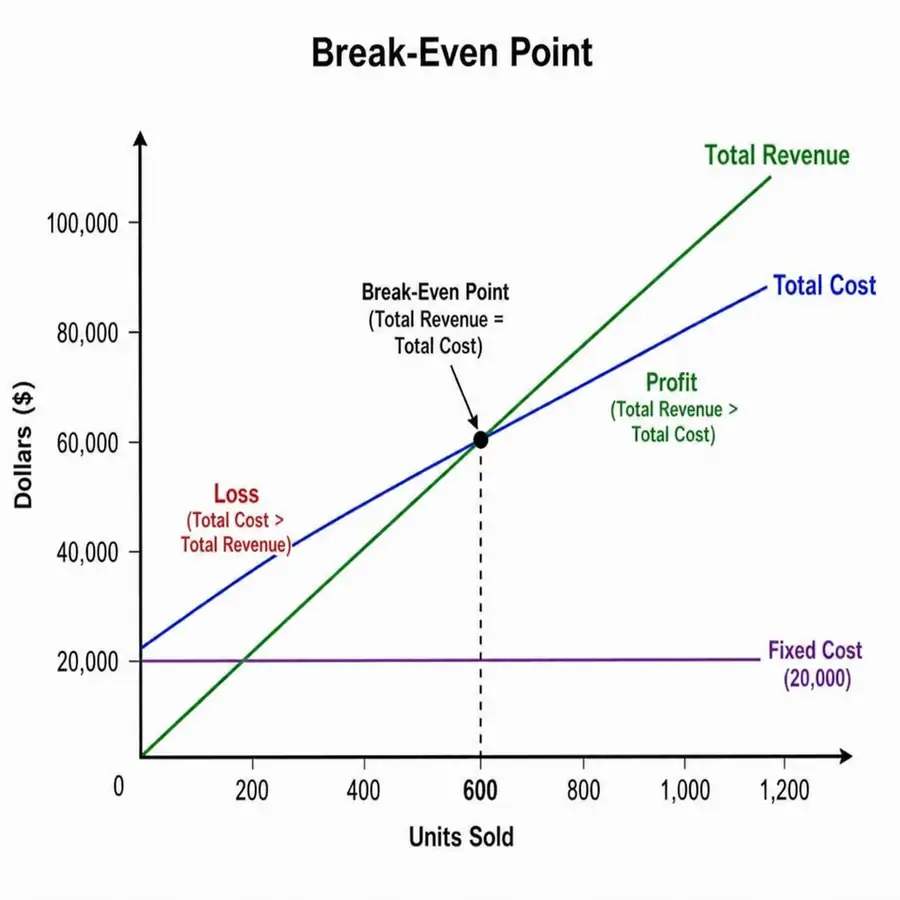 Break-even point chart comparing total revenue and total cost with profit and loss zones