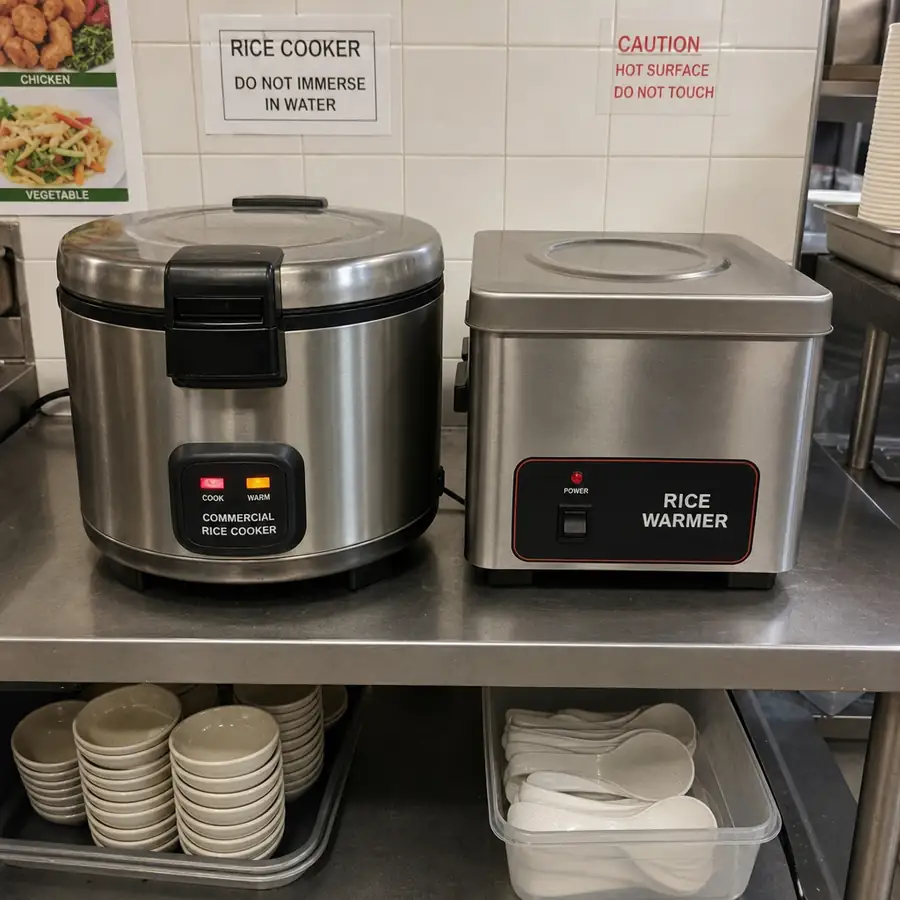 Close-up of a commercial rice warmer holding fluffy steamed rice ready for restaurant service