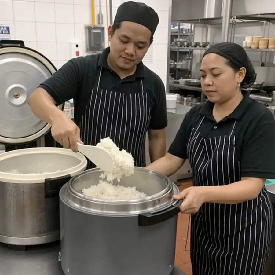 Commercial stainless steel rice cooker warmers lined up on a restaurant kitchen counter with cooked white rice