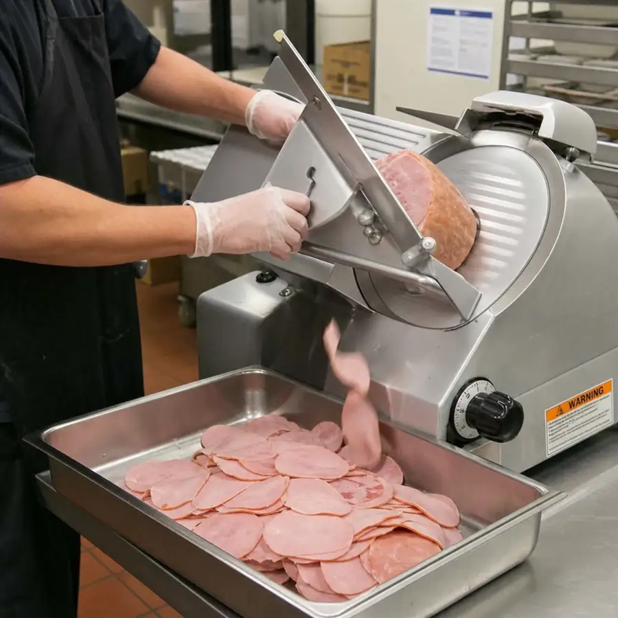 Gloved operator using a commercial stainless steel meat slicer to cut deli meat into a metal tray in a restaurant kitchen