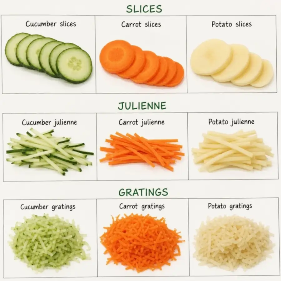 Grid infographic of cucumber, carrot, and potato slices, julienne, and gratings showing uniform commercial vegetable cuts